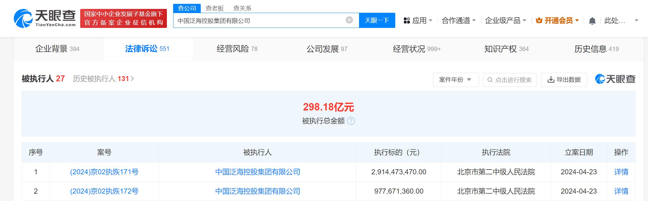 泛海控股集团被恢复执行38.9亿 其累计被执行超298亿