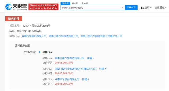 众泰汽车被强制执行9001万元