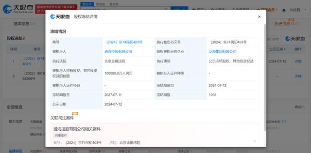 通海控股所持泛海集团10亿股权被冻结