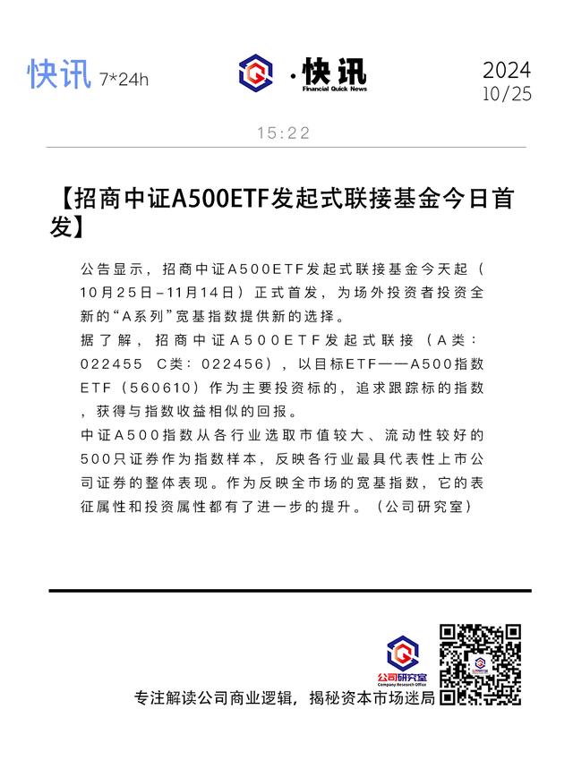 招商中证A500ETF发起式联接基金今日首发