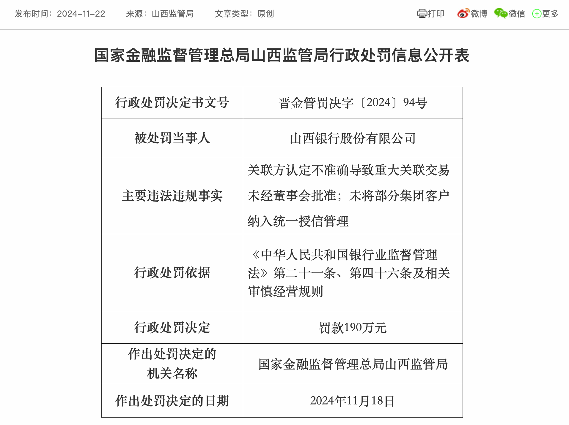 新行长任职资格获批不足一月，山西银行就吃了一个罚单