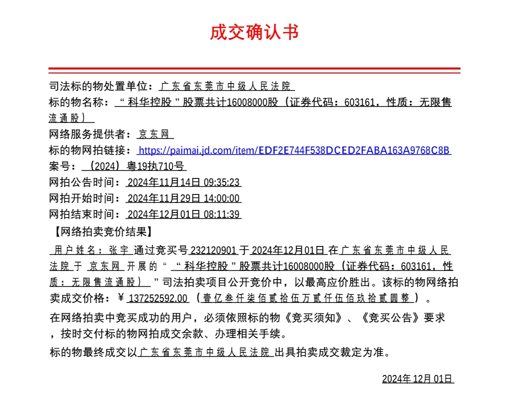 又是“法拍牛散”捡漏？7折竞得科华控股1600万股 一天浮盈逾5千万元