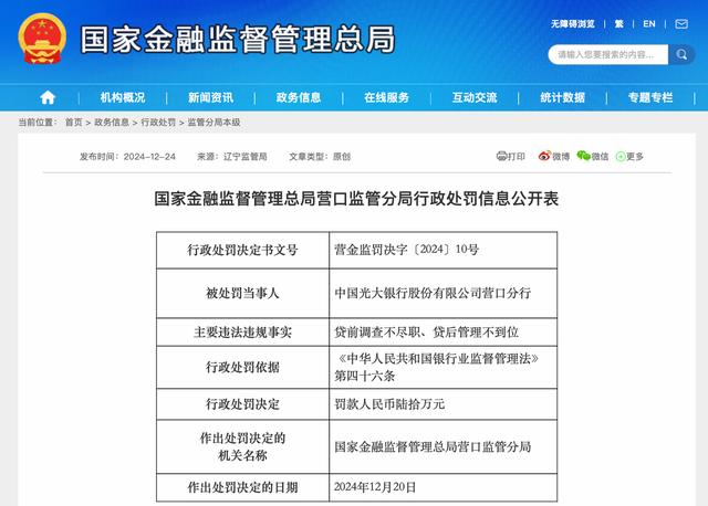 光大银行营口分行被罚60万元,两名相关责任人被警告