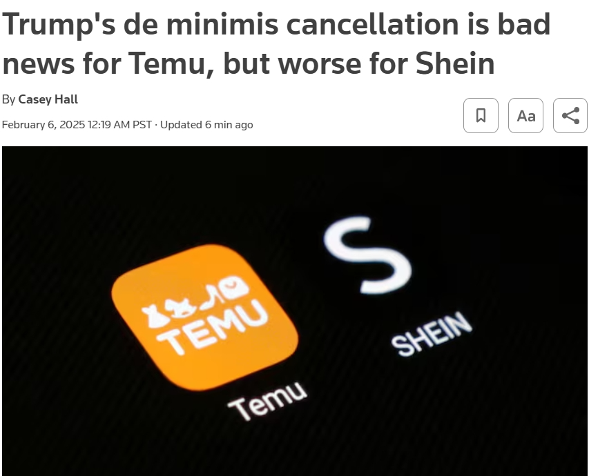 路透分析:特朗普叫停“小额豁免”对Temu是坏消息,但对Shein来说更糟