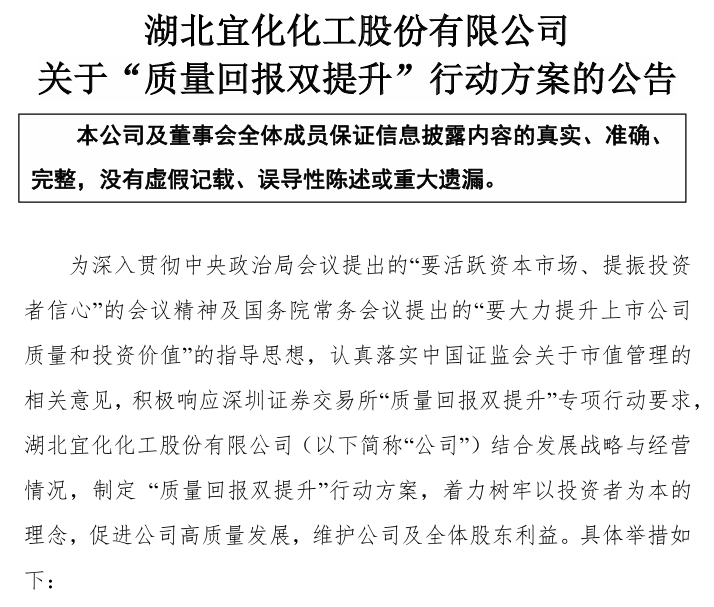 湖北宜化“质量回报双提升”行动方案出炉，提出五项措施促进公司高质量发展