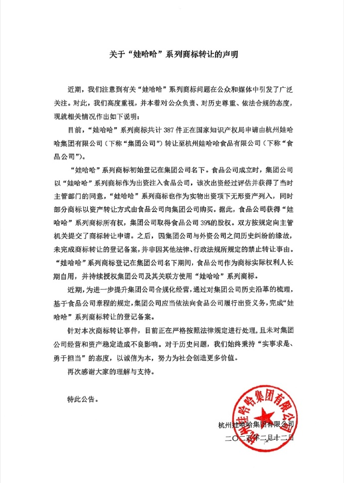 387件“娃哈哈”商标申请转让背后：法律文书曾确认转让终止