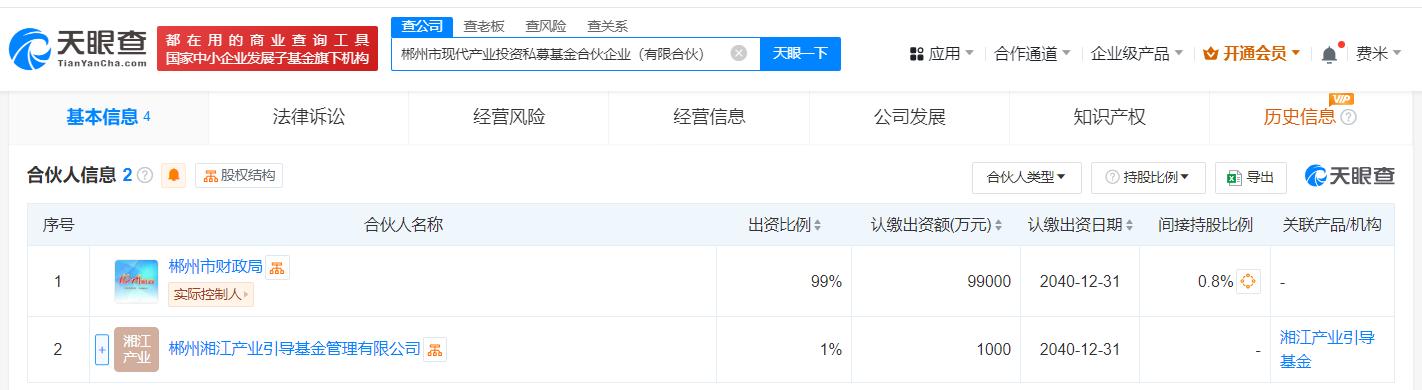 郴州市现代产业投资私募基金登记成立 出资额为10亿元