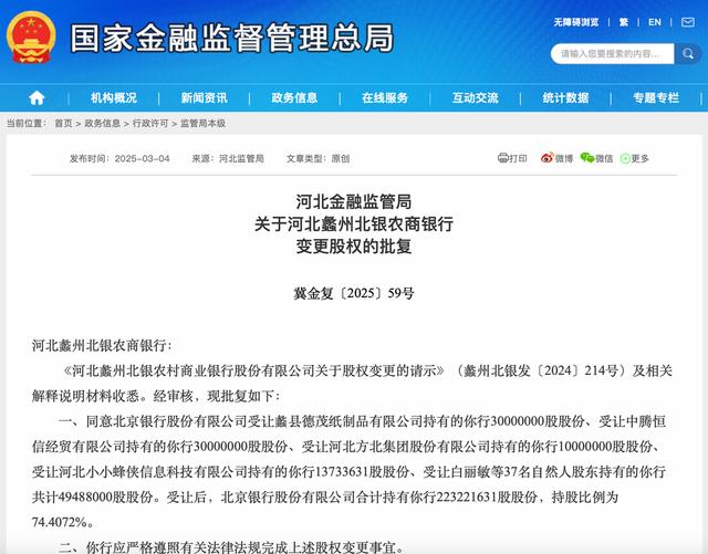 北京银行再次出手，获批增持河北蠡州北银农商行股权至74%