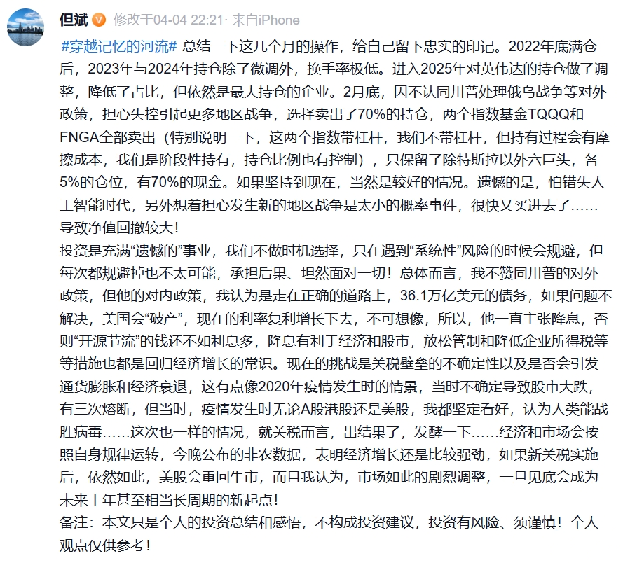 美股暴跌时,但斌给自己打气:坚持就是胜利