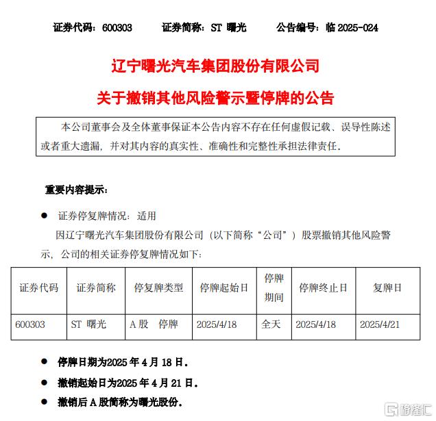 经营状况稳步向好！ST曙光撤销风险警示，4月21日摘帽复牌