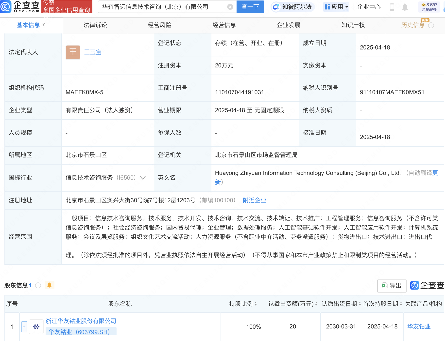 华友钴业新设子公司，含AI业务