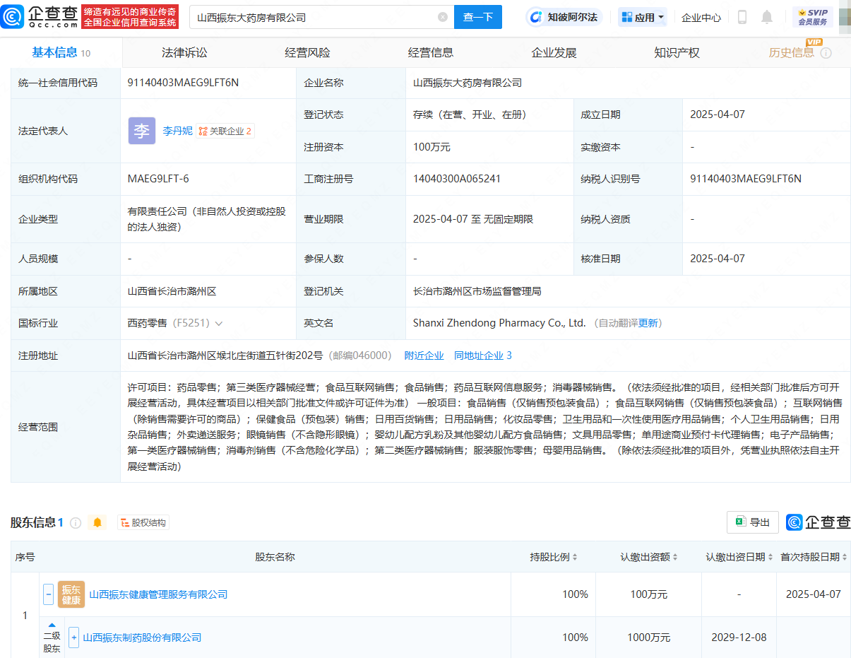 振东制药成立新公司，含服装服饰零售业务