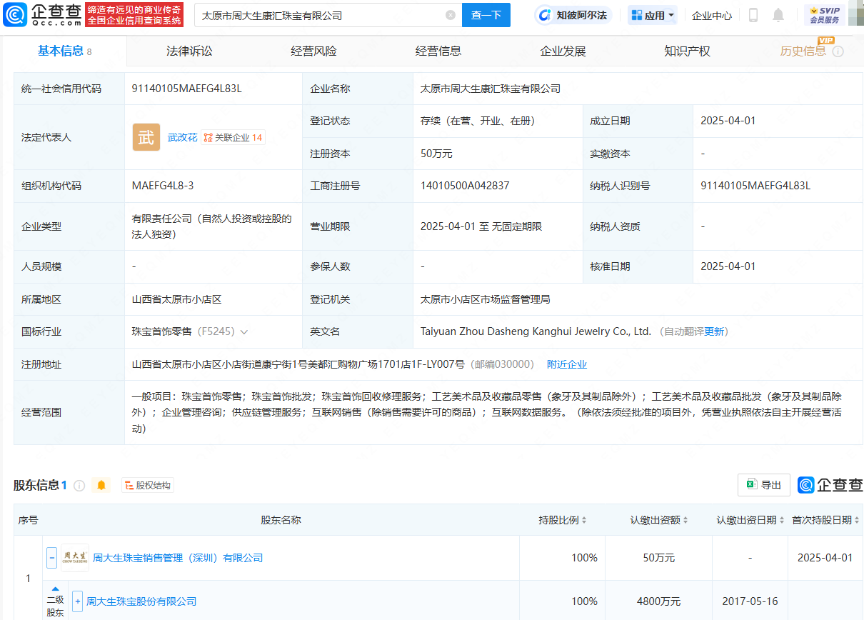周大生在太原成立珠宝公司，含供应链管理服务业务