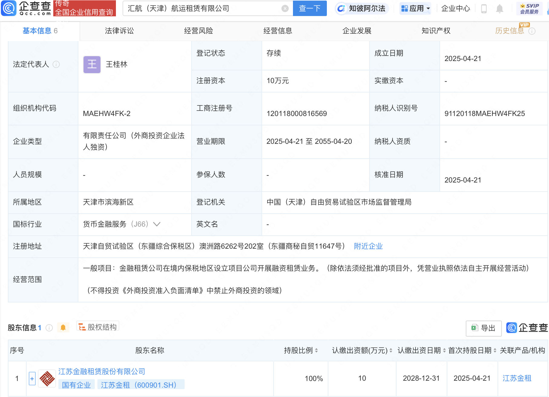 江苏金租在天津成立航运租赁公司