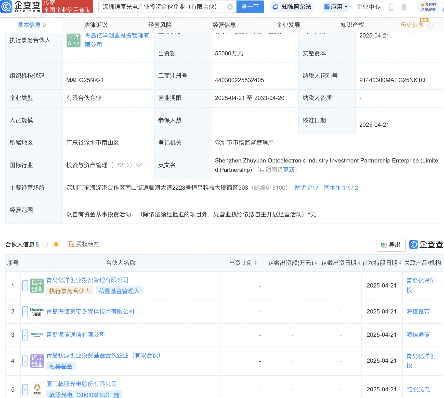 乾照光电等成立产投合伙企业，出资额5.5亿