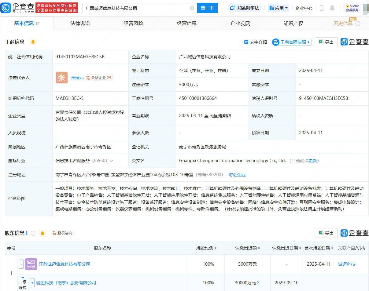 诚迈科技在广西新设信息科技公司，含多项AI业务