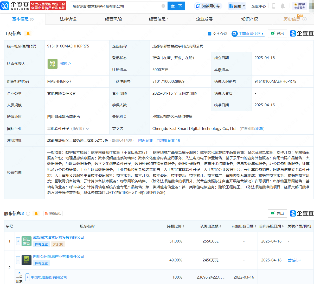 中国电信等在成都投资成立智慧数字科技公司