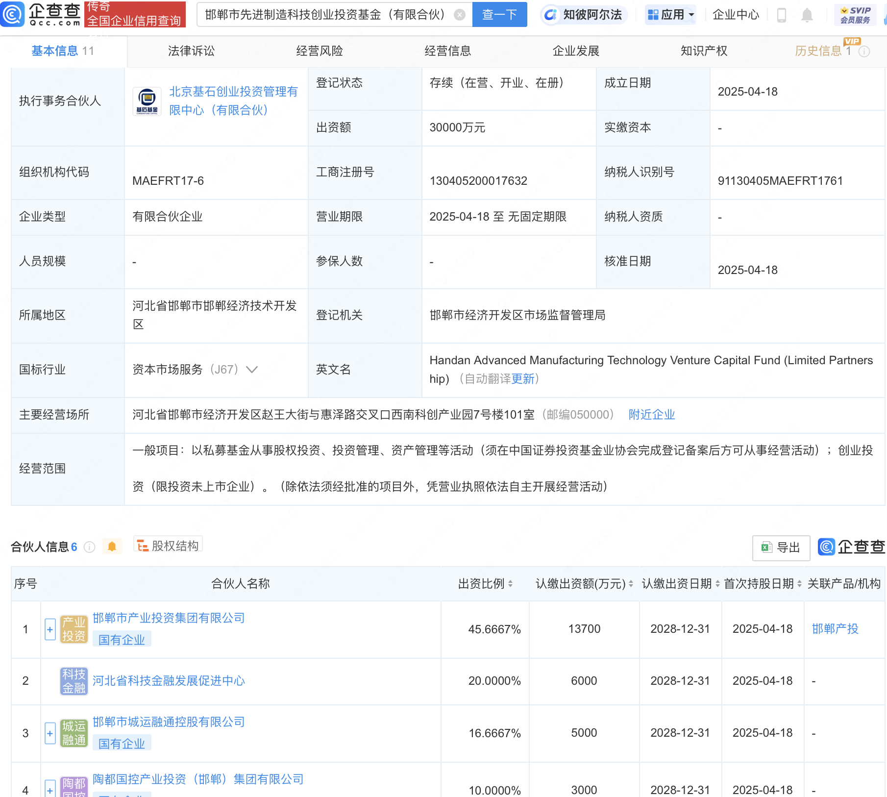 邯郸市先进制造科技创投基金登记成立