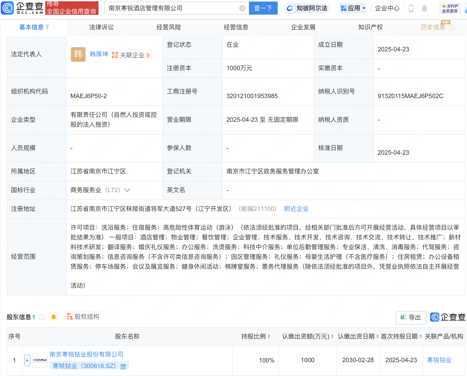 寒锐钴业成立酒店管理新公司