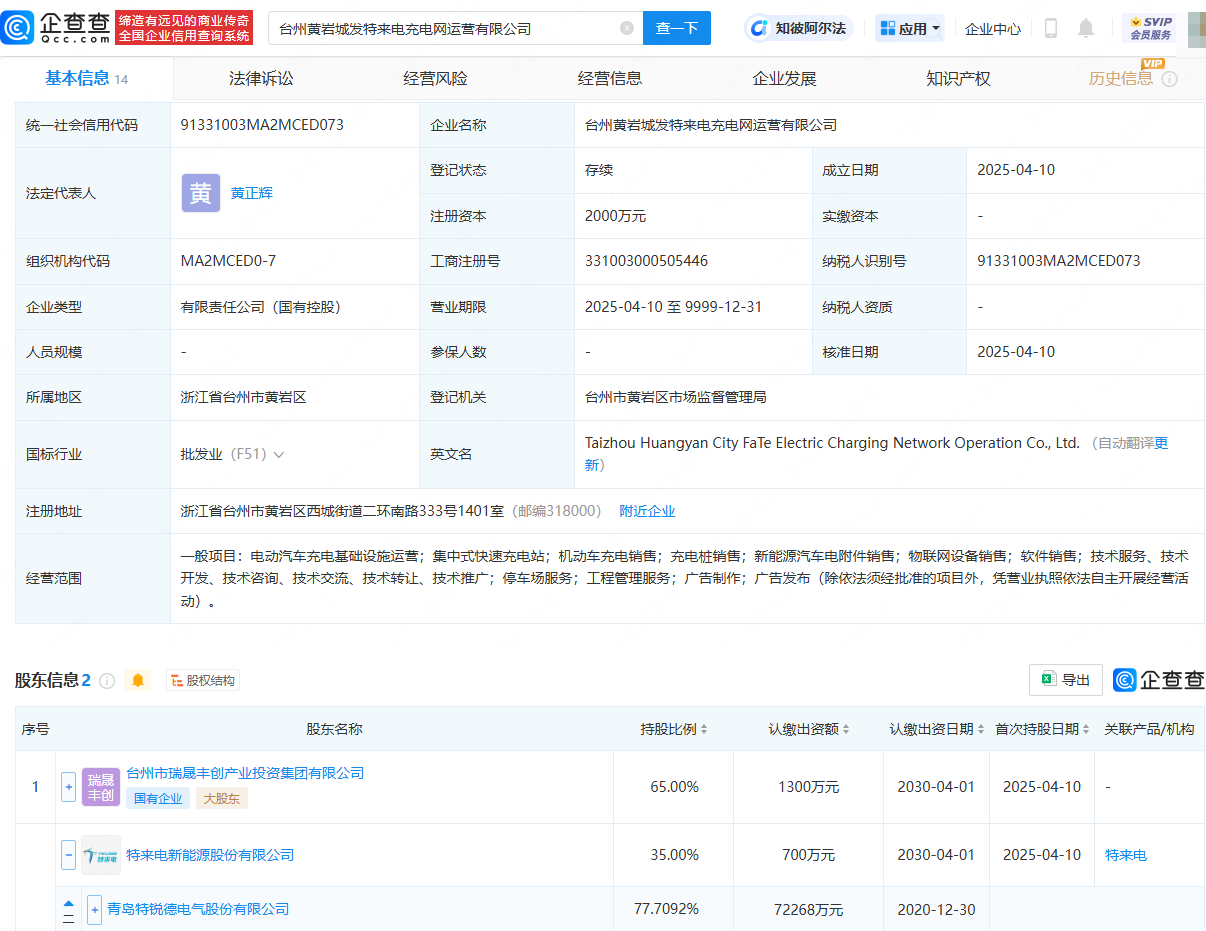 特锐德等投资成立充电网运营公司