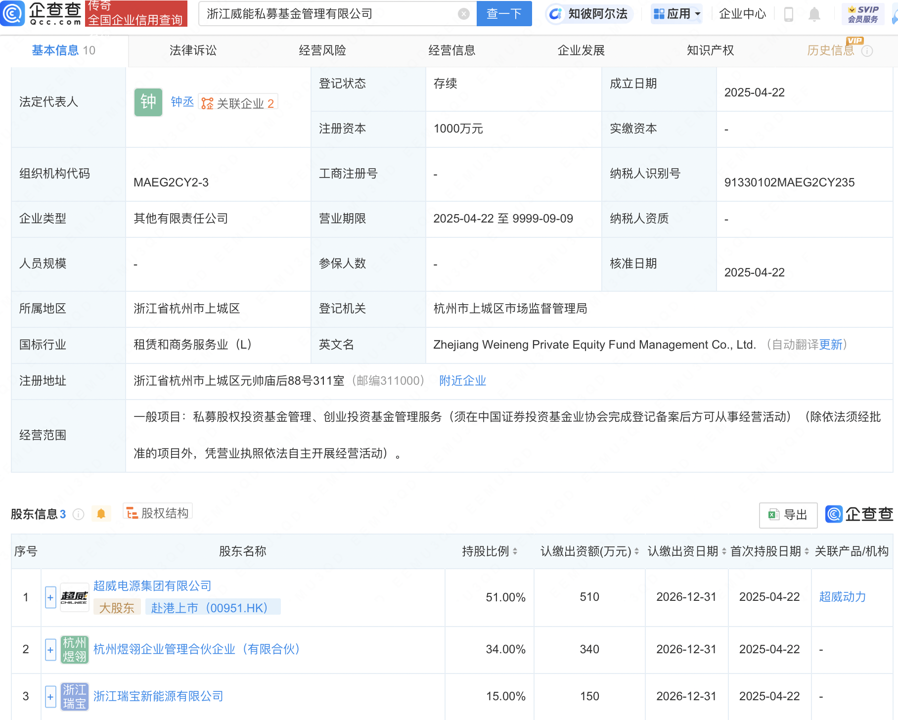 超威电源集团等新设私募基金管理公司
