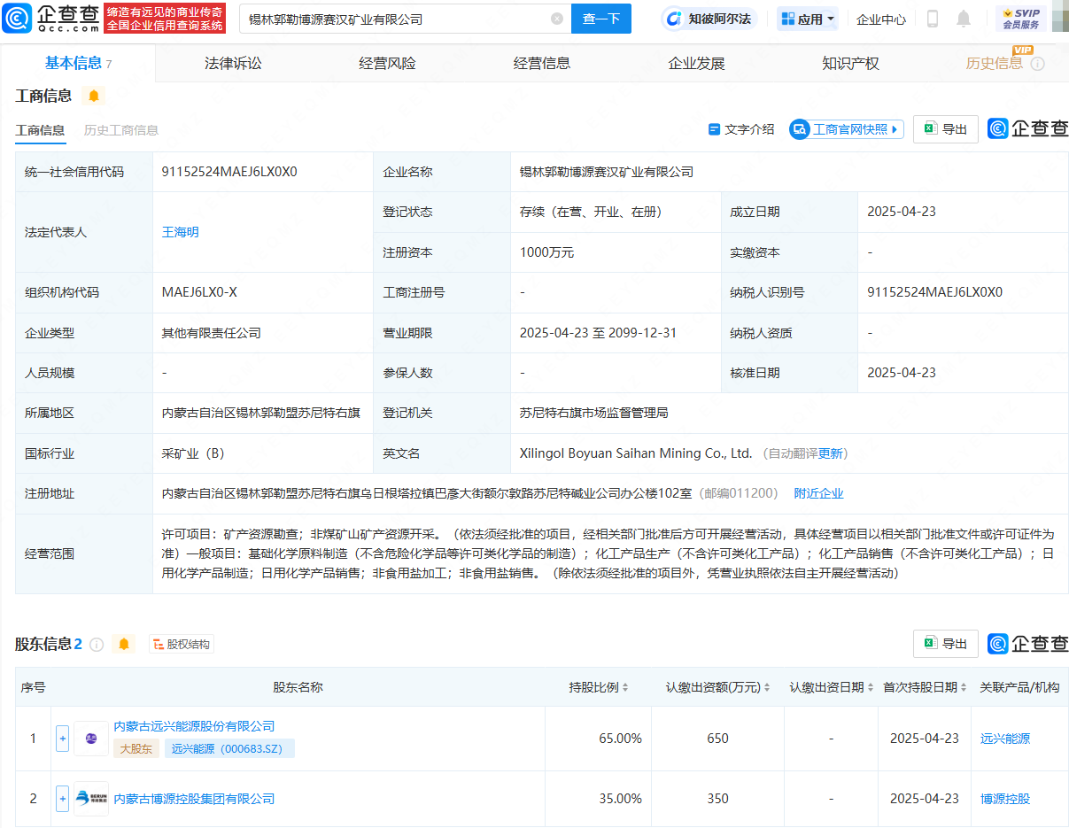 远兴能源等成立矿业公司，含非食用盐加工业务