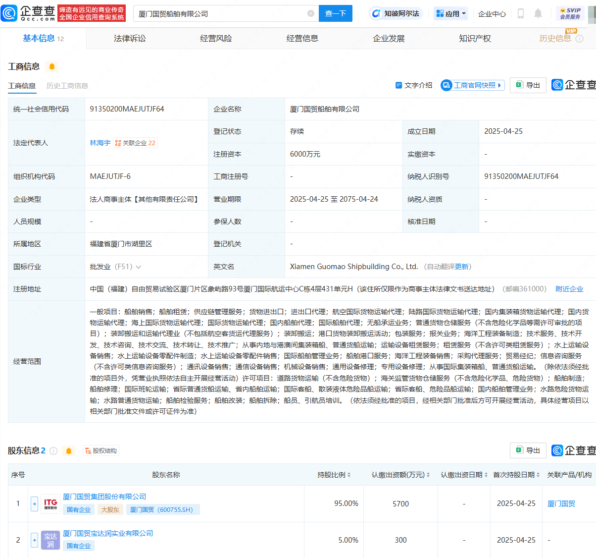 厦门国贸等成立船舶公司，注册资本6000万