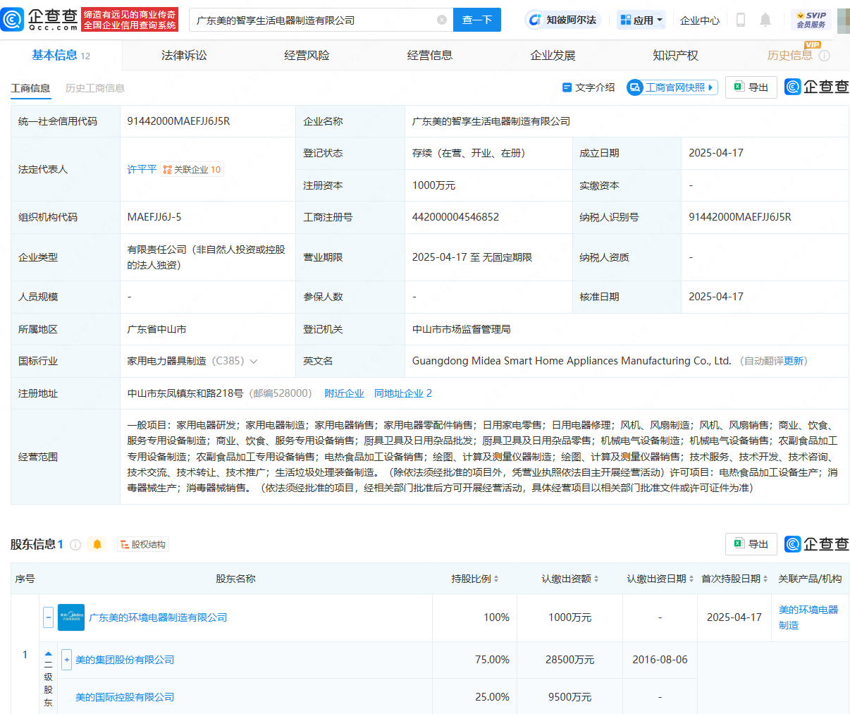 美的集团成立智享生活电器制造公司