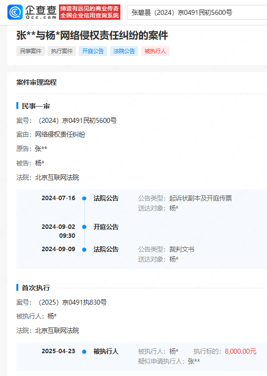 张碧晨黑粉成被执行人，被强执8000元