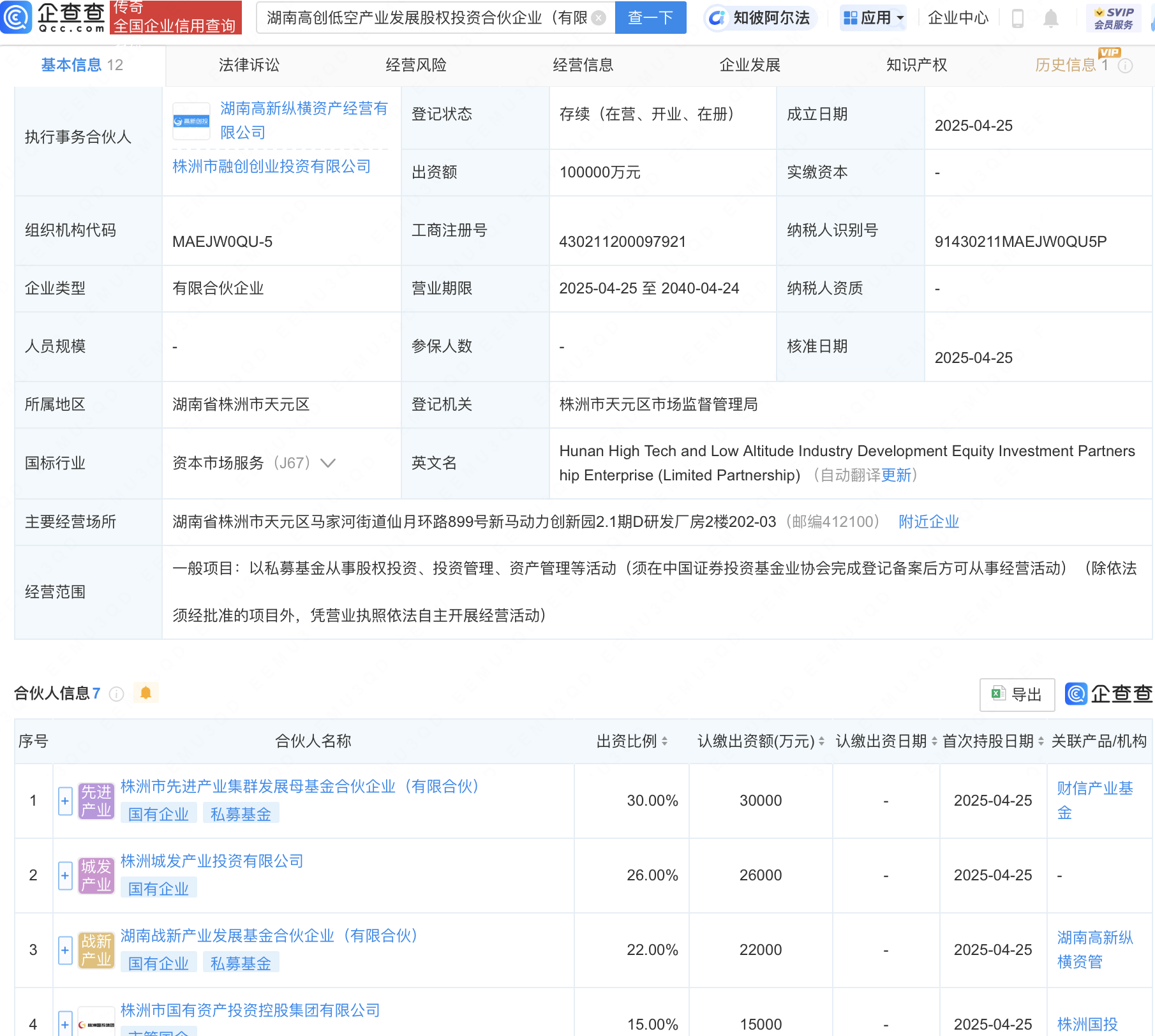 湖南高创低空产业发展股权投资合伙企业成立