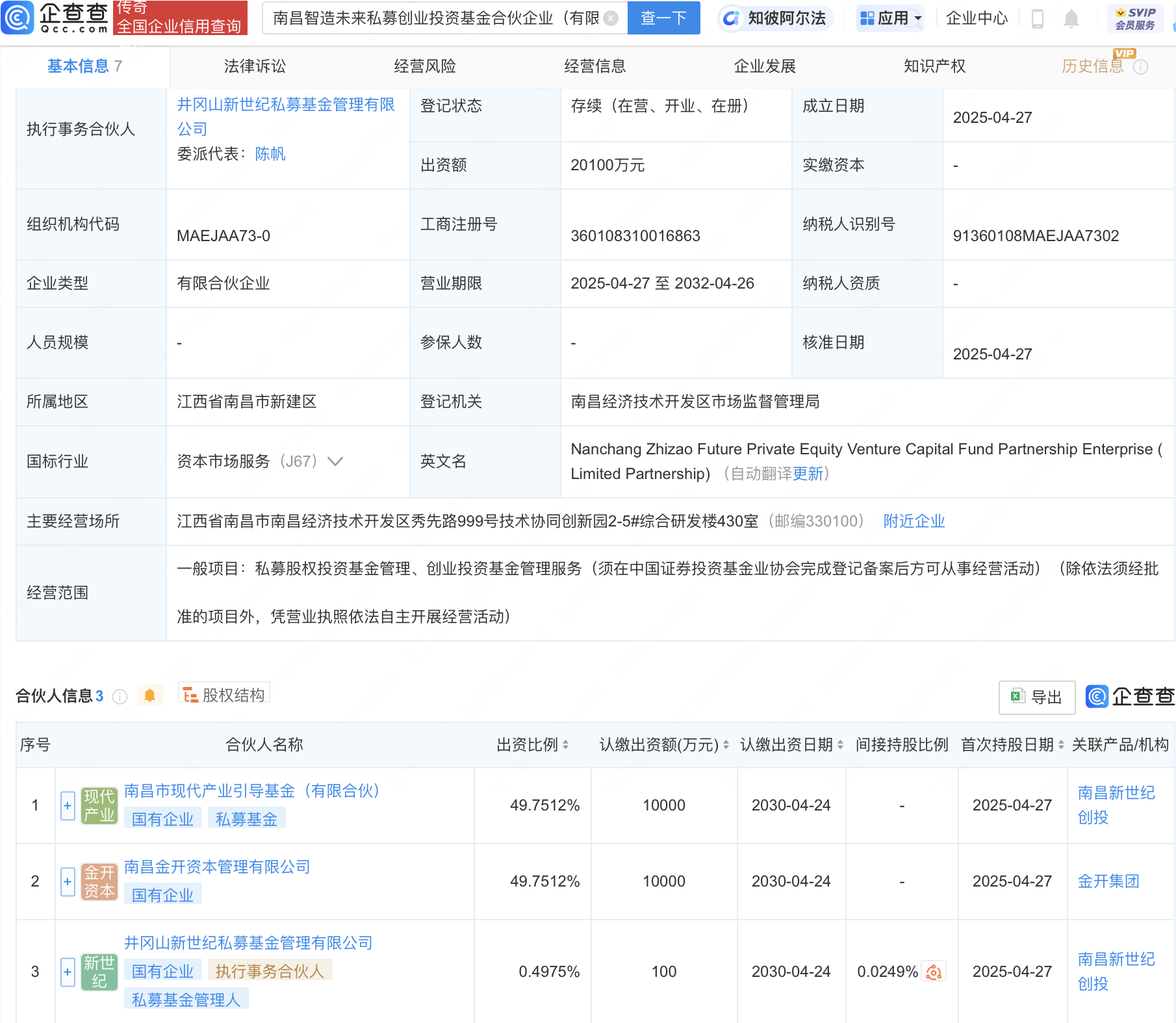 南昌智造未来私募创业投资基金登记成立