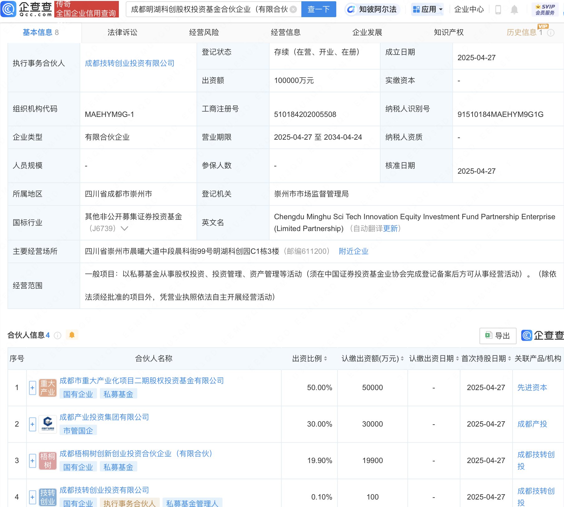 成都明湖科创股权投资基金登记成立，出资额10亿元