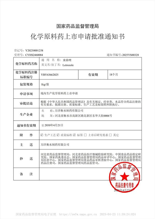 喜报！以岭药业化学原料药“来曲唑”上市申请获批