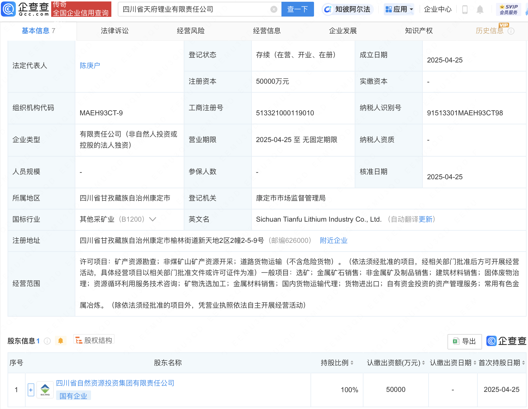 四川省自然资源投资集团新设锂业公司