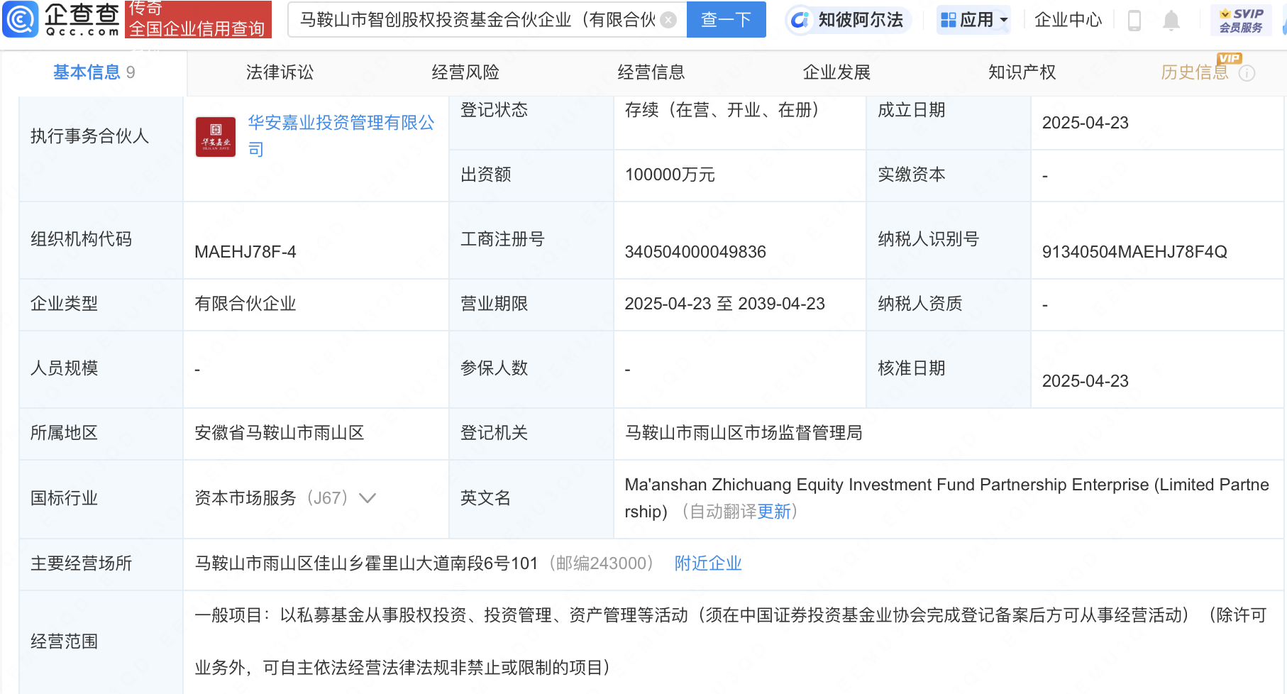 马鞍山市智创股权投资基金登记成立