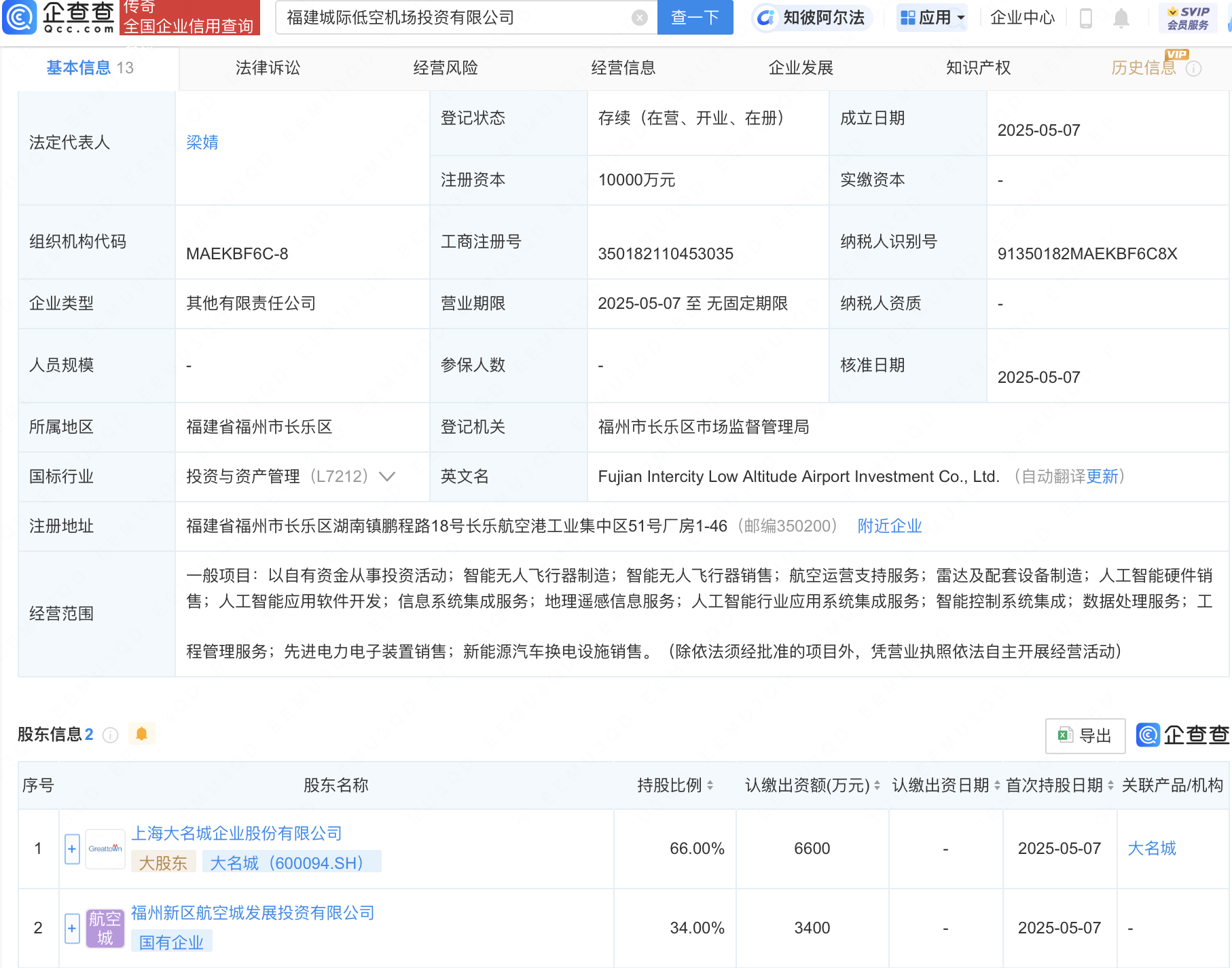 大名城等成立福建城际低空机场投资公司