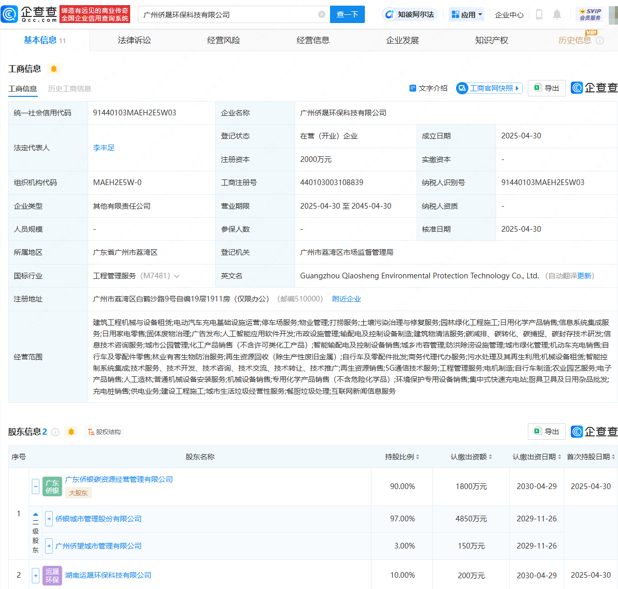 侨银股份等新设环保科技公司，含人工造林业务