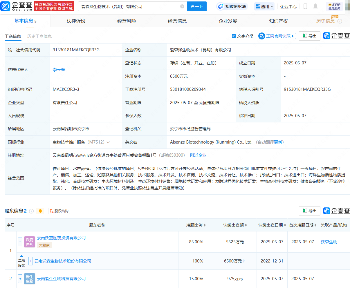 沃森生物等成立生物技术公司，含水产养殖业务
