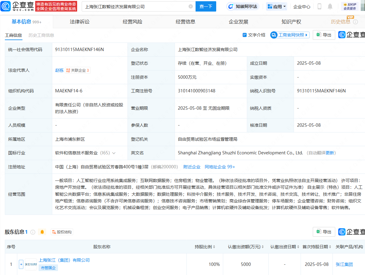 张江集团投资成立数智经济发展公司