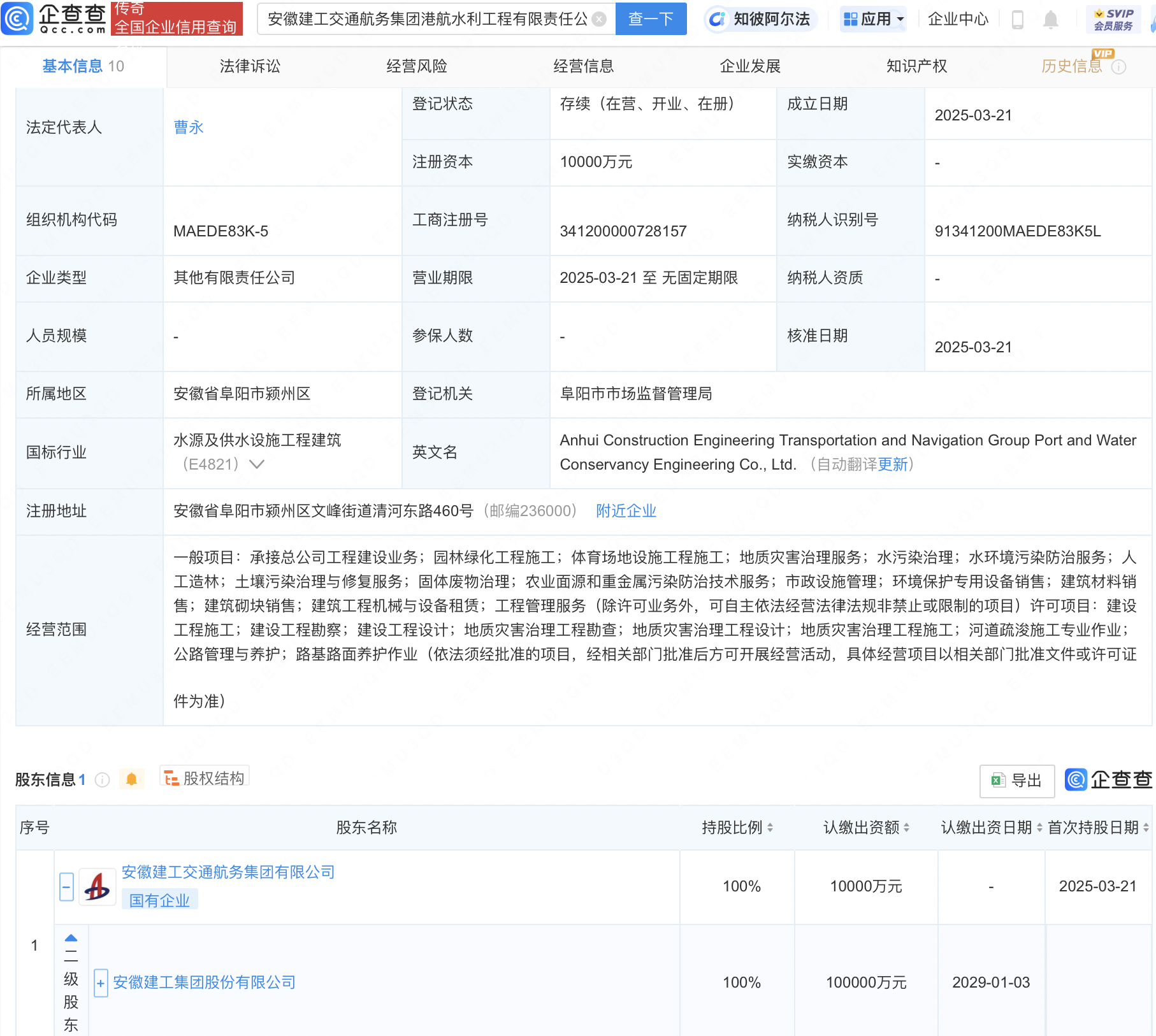 安徽建工投资成立水利工程公司，注册资本1亿元