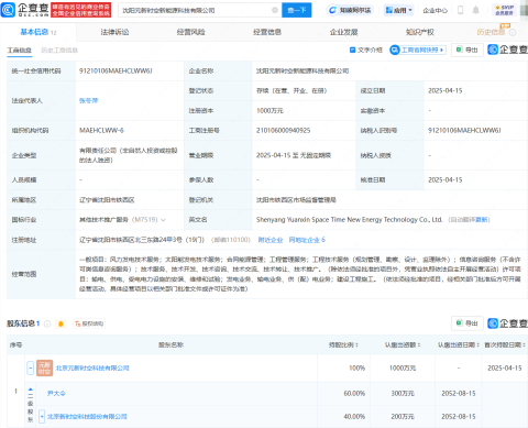 时空科技等在沈阳投资成立新能源科技公司