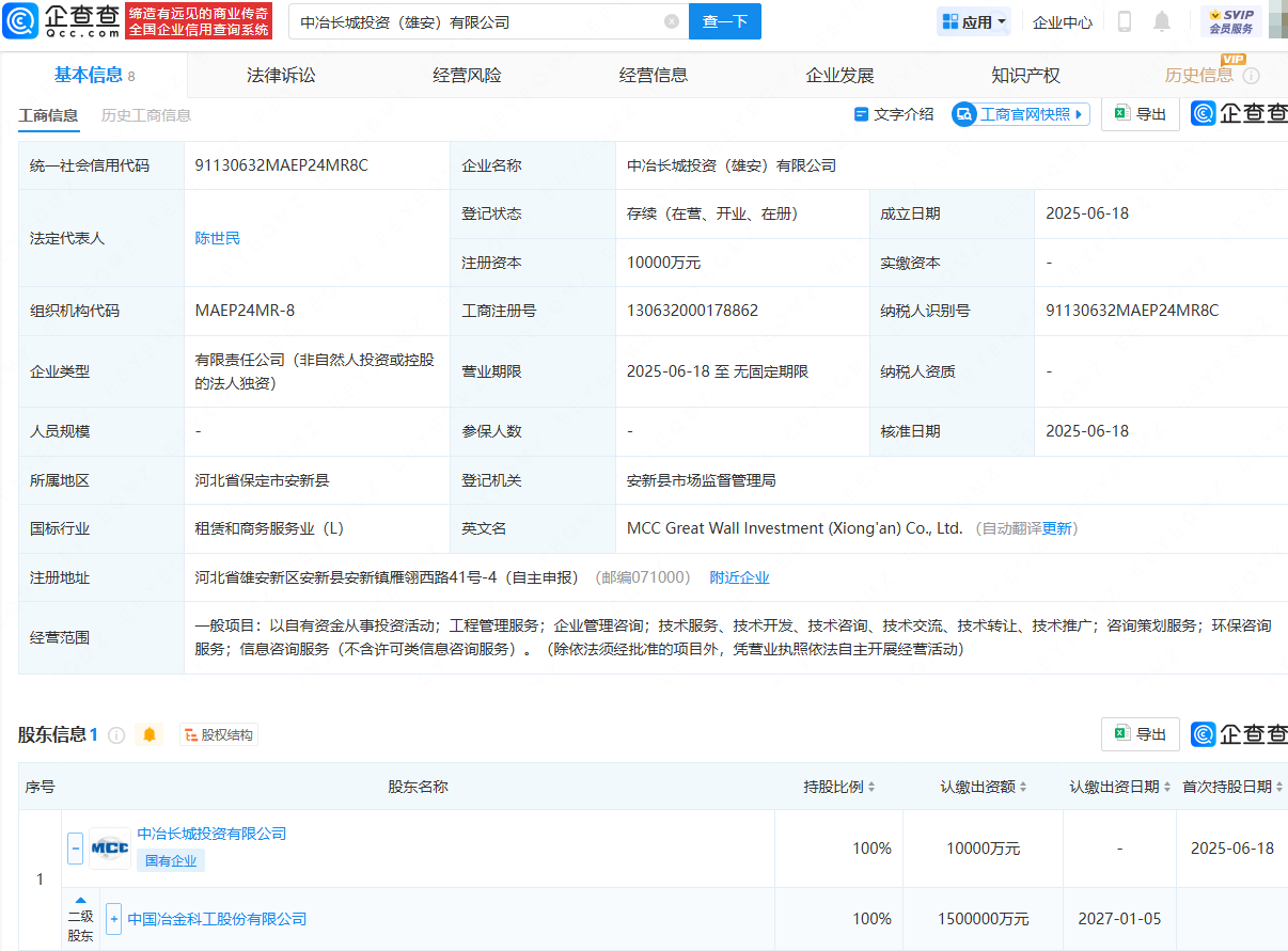 中国中冶在雄安成立新公司，注册资本1亿元