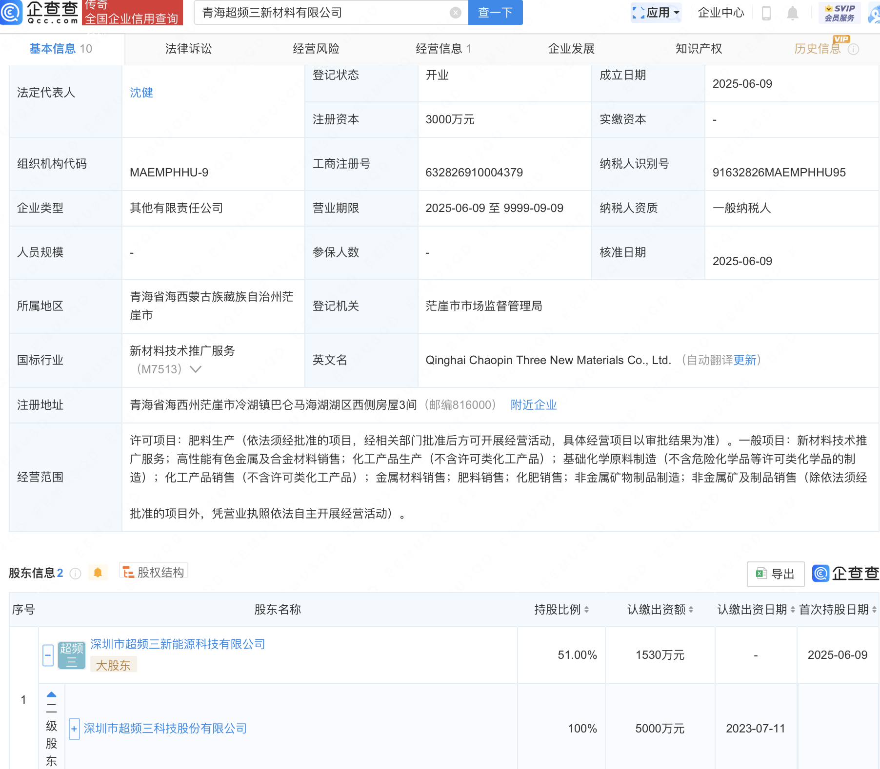 超频三等在青海成立新材料公司