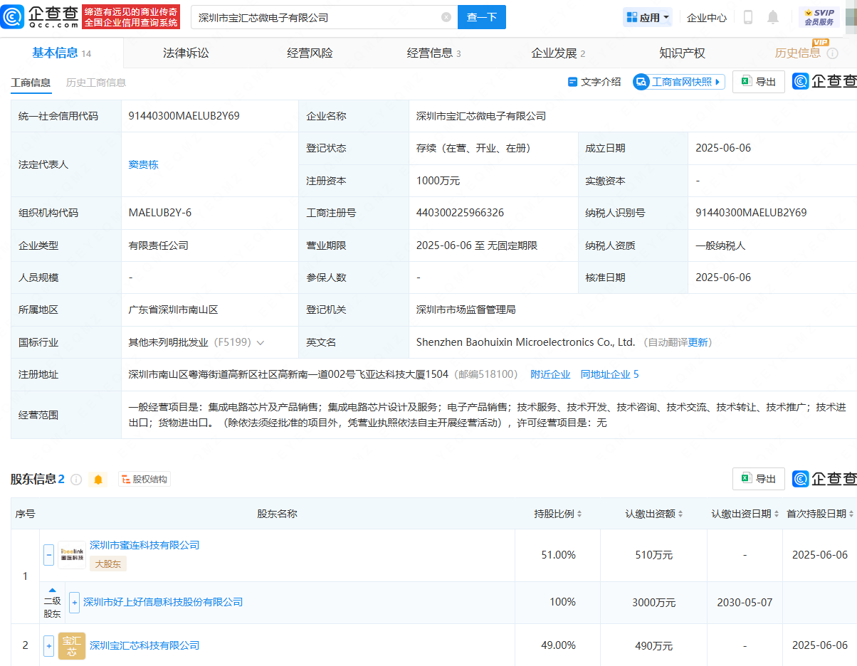 好上好等成立微电子公司，含集成电路芯片相关业务
