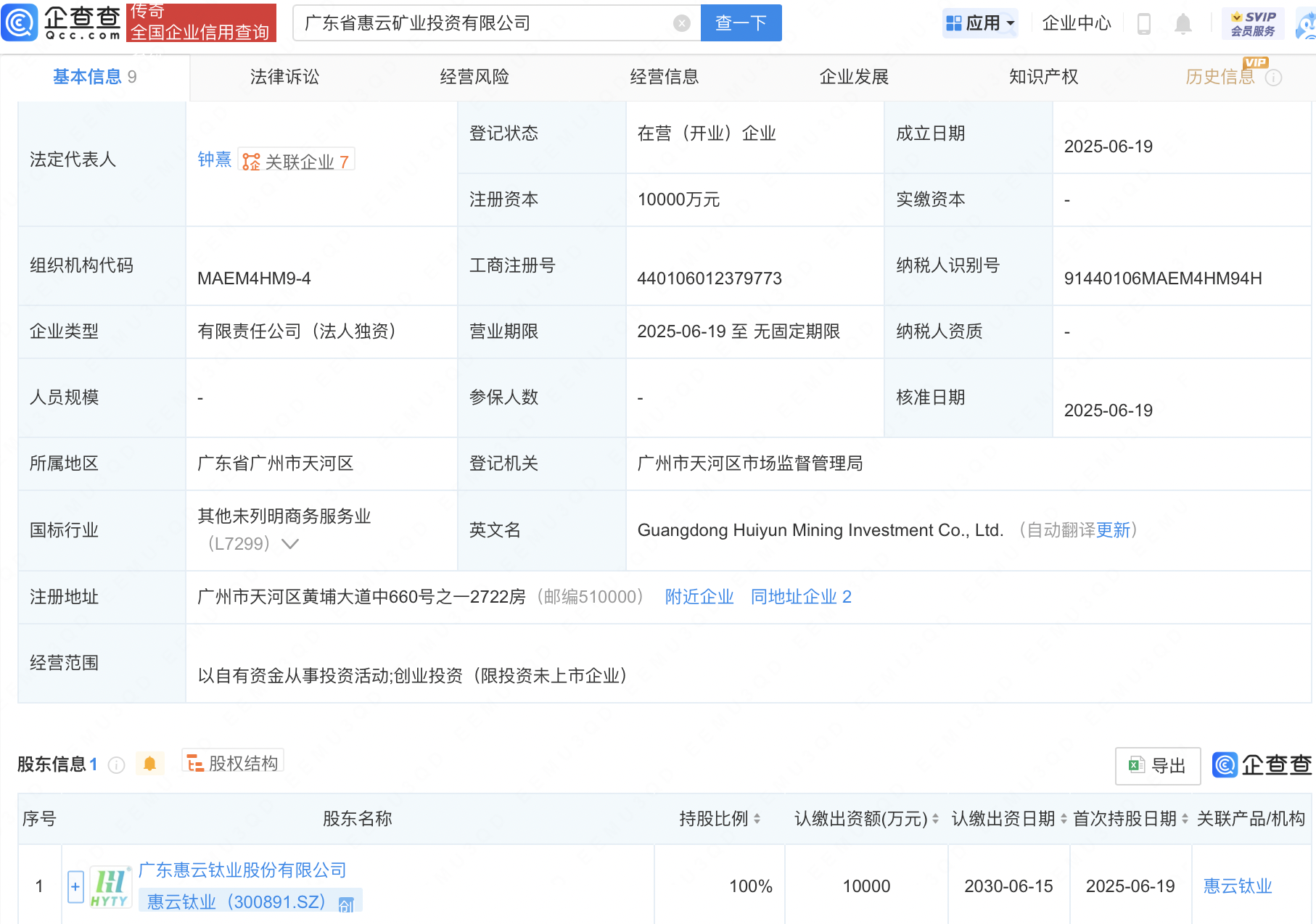 惠云钛业新设矿业投资子公司