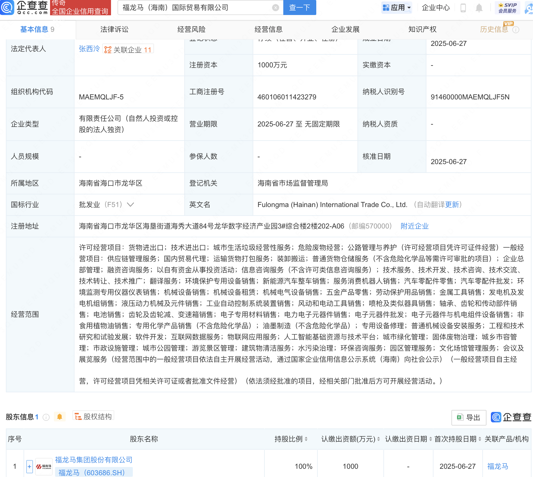 福龙马新设国际贸易公司，含AI及物联网业务