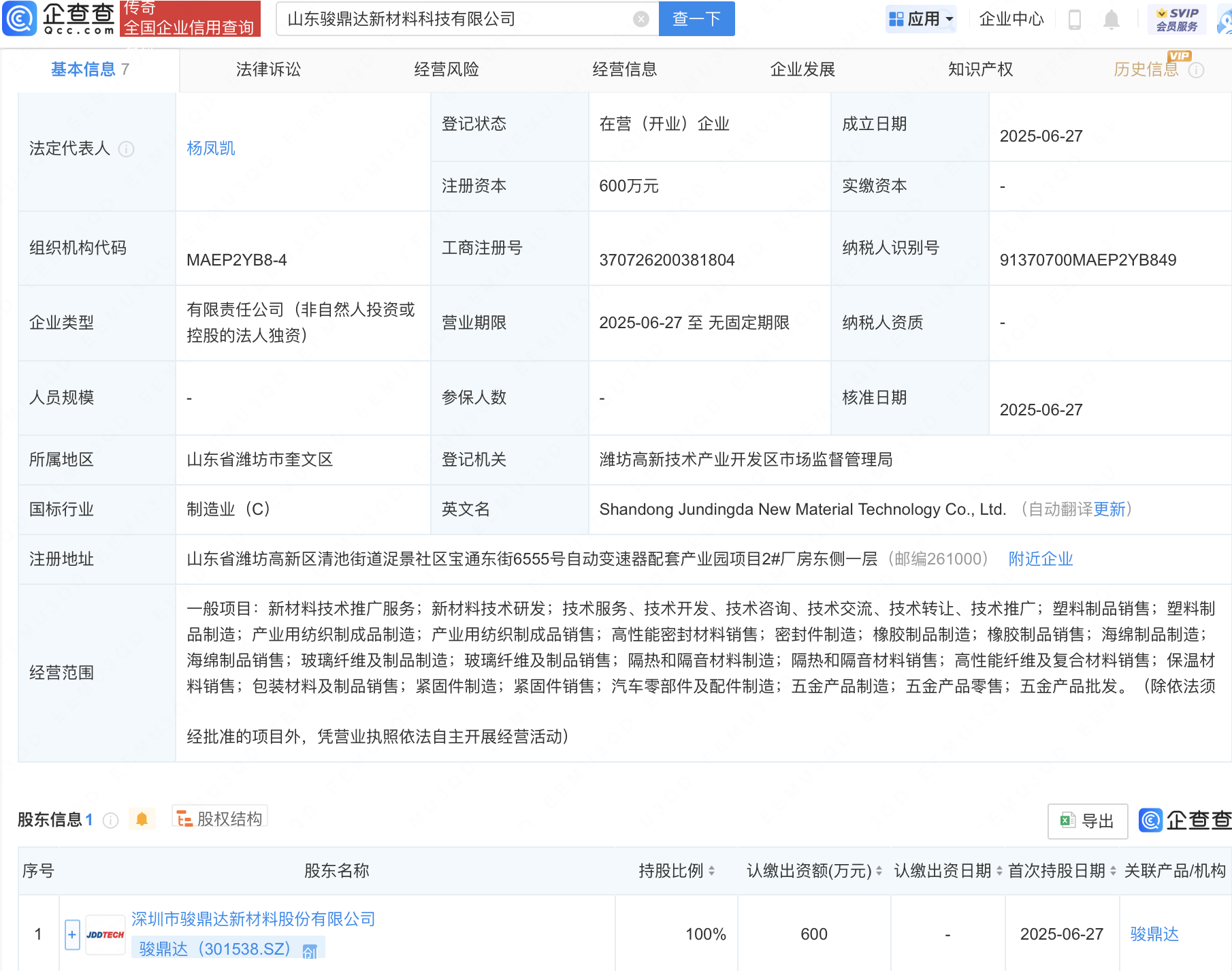 骏鼎达在山东新设新材料科技公司