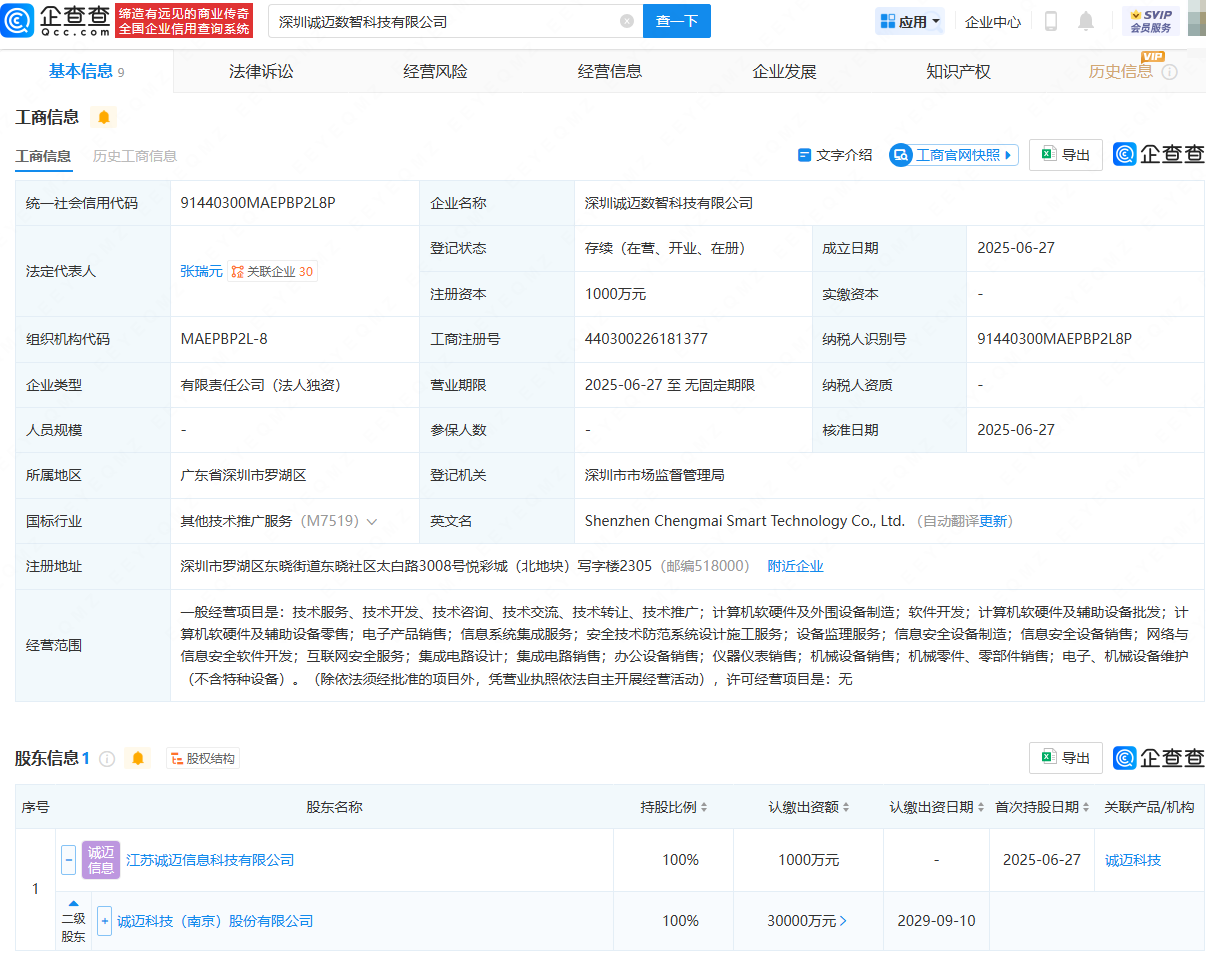 诚迈科技新设数智科技公司，含互联网安全服务业务