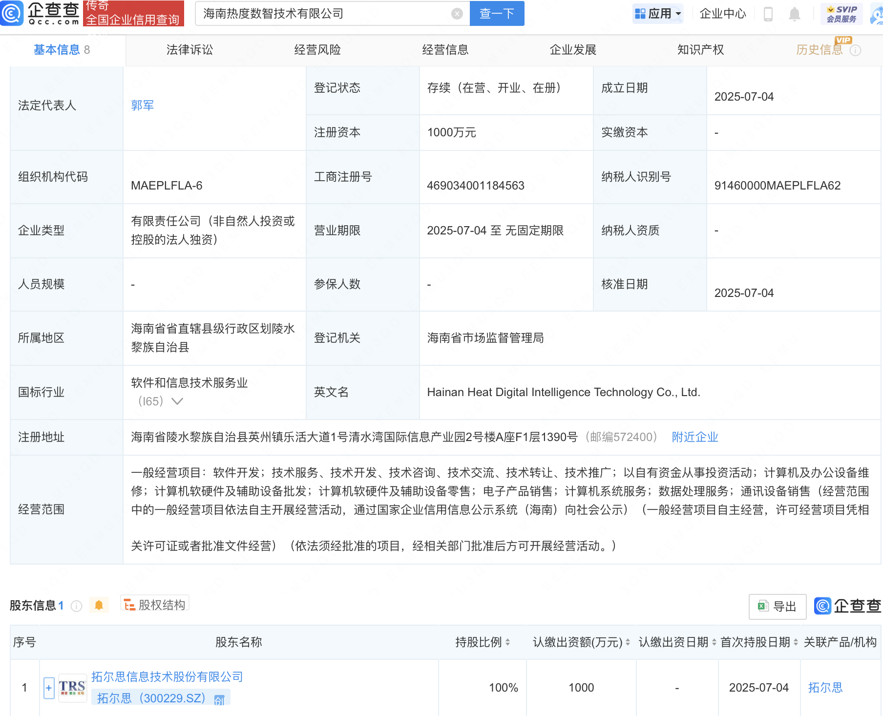 拓尔思在海南新设热度数智技术公司