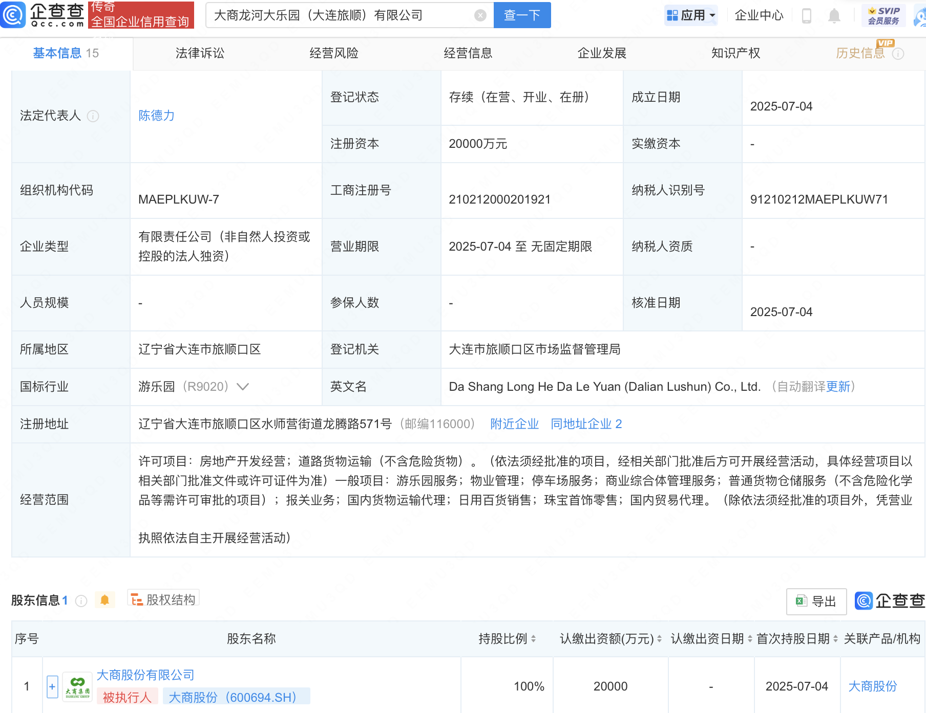 大商股份在大连成立新公司，注册资本2亿元
